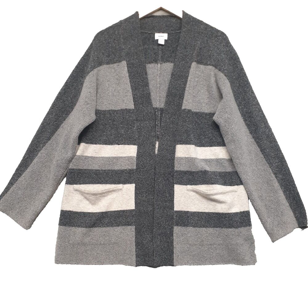 Old Navy Women Sz L Gray Charcoal White Striped Open Front Cardigan Sweater
